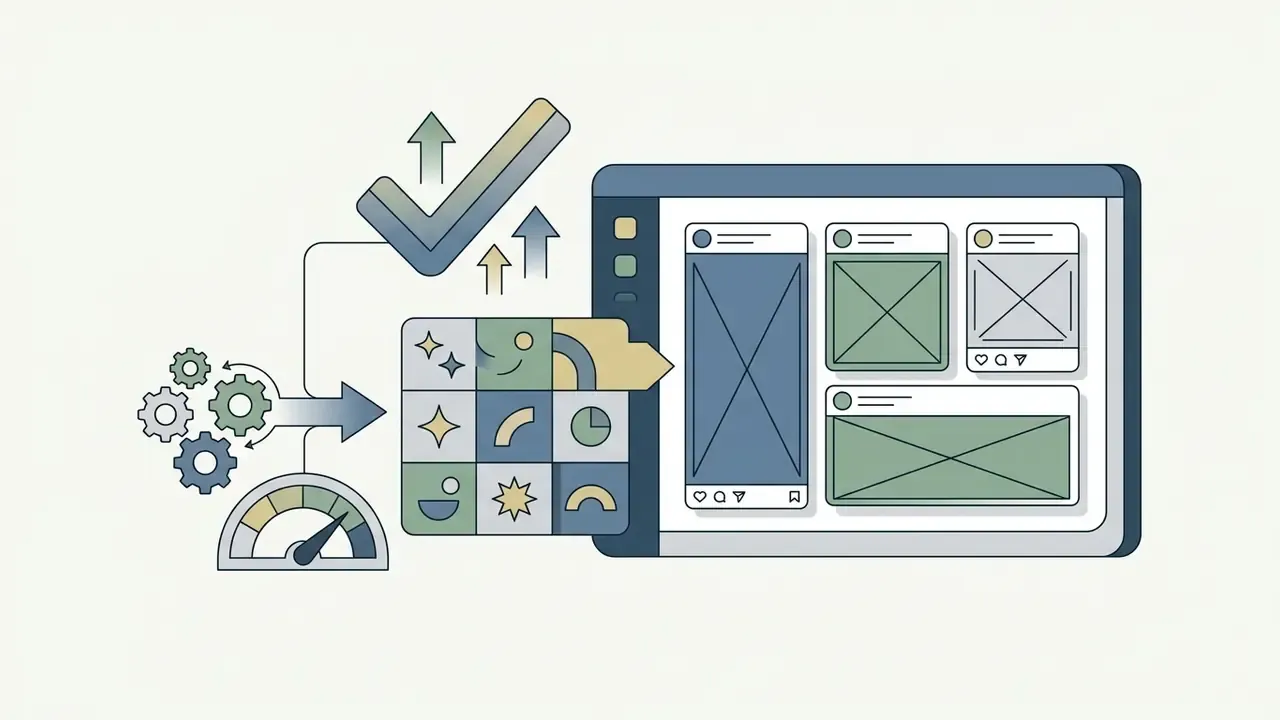 Gears and a speed gauge processing design elements into social media templates on a tablet screen