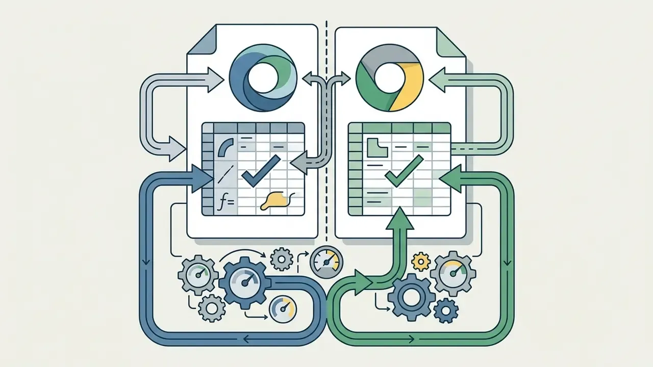 Two document icons with gear mechanisms feeding data into separate spreadsheet grids with checkmarks