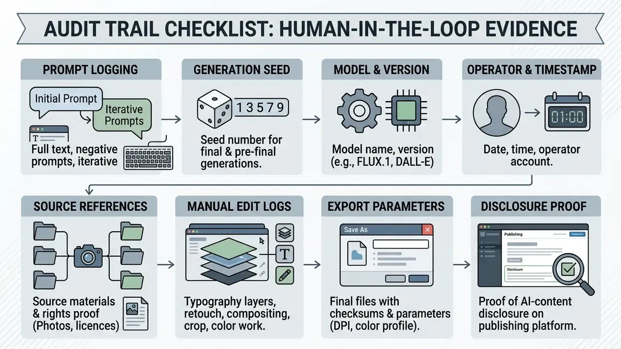 Checklist of eight sequential steps for documenting human-in-the-loop evidence in AI creative workflows