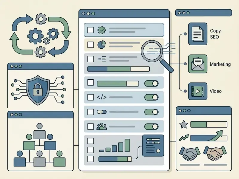 Checklist interface with icons for security, team structure, and digital content tasks