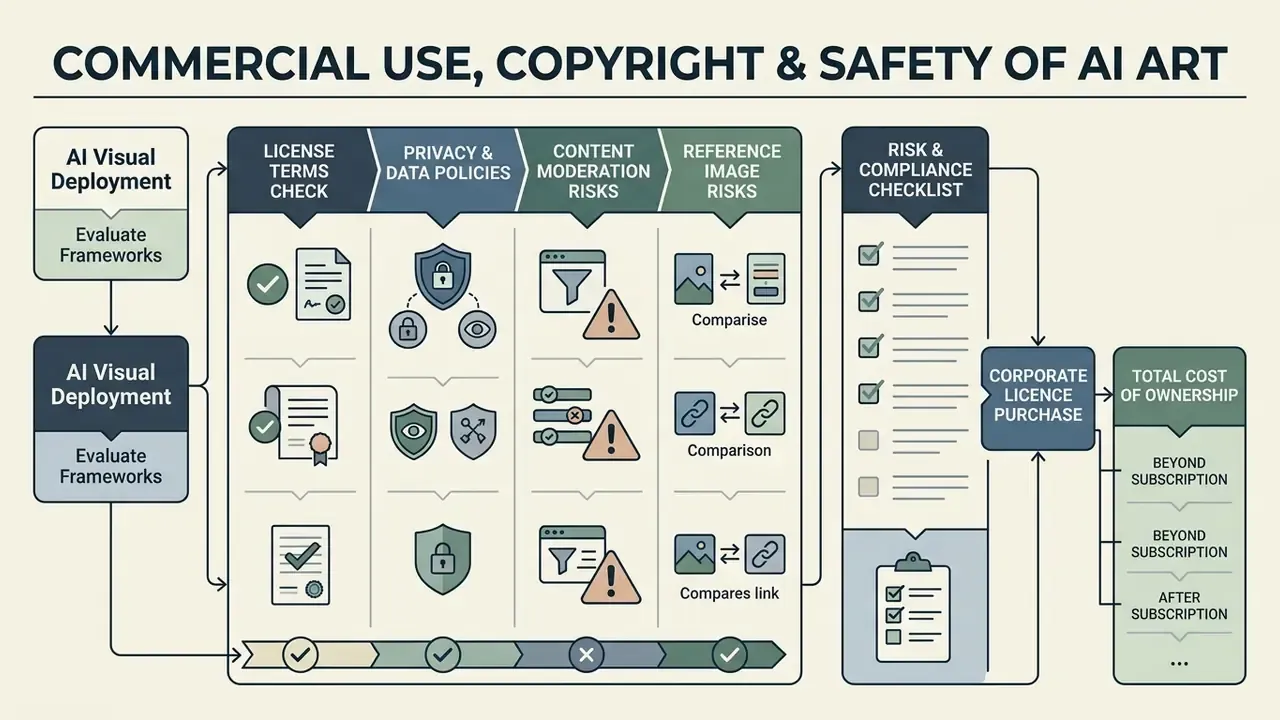 Flowchart outlining steps for evaluating legal and safety risks when deploying AI-generated visual content