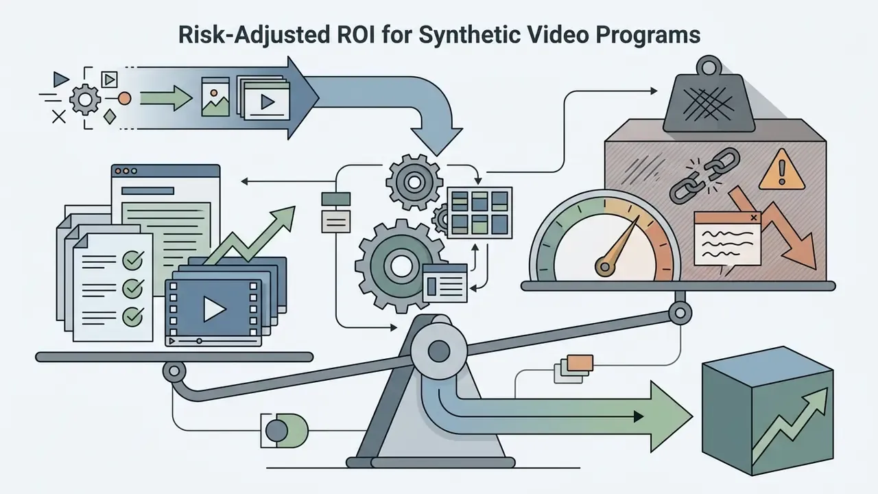 Balance scale weighing video production assets against risk indicators like broken links and error warnings