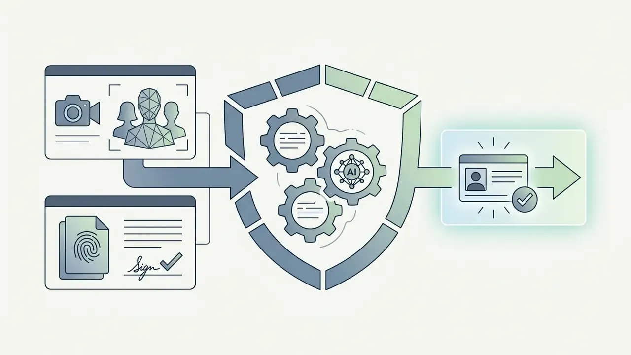 Biometric and document inputs flowing through a shield mechanism to produce a verified identity card
