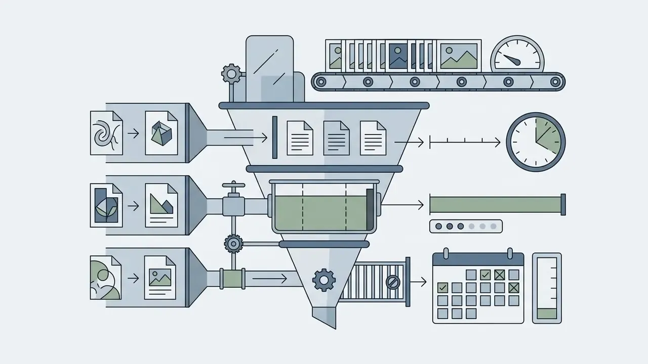 Funnel diagram showing inputs feeding into a processing system with output metrics and calendar limits