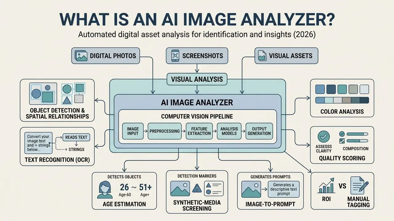 Flowchart displaying how an AI image analyzer processes visual data through a computer vision pipeline