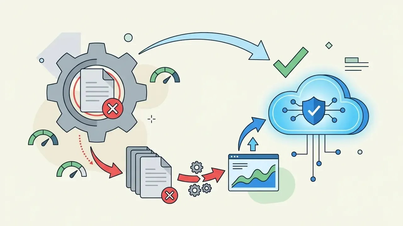 Gear and document icons with error symbols flowing toward a cloud interface with a security shield
