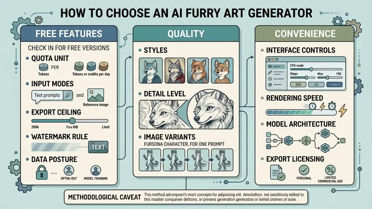 Comparison chart outlining free features, quality criteria, and convenience for a furry AI art generator