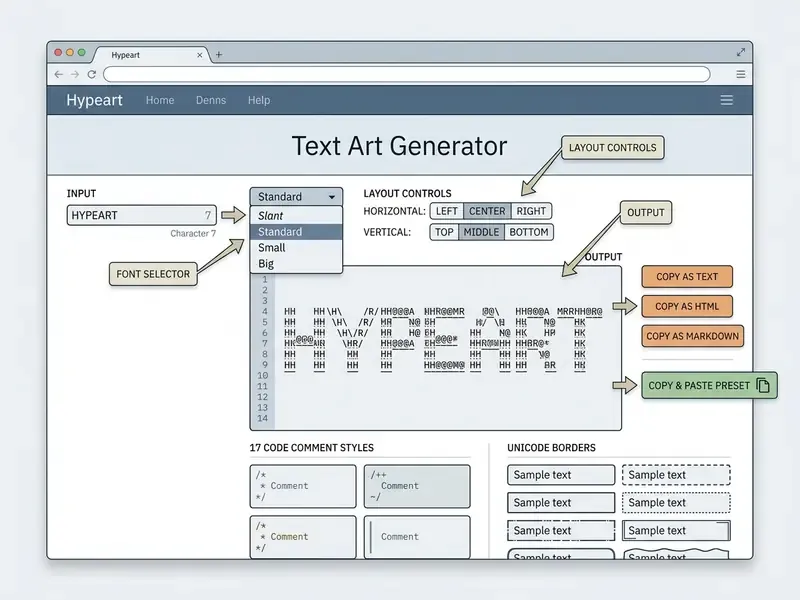 Web interface showing input fields, font selection menus, layout alignment buttons and copy options