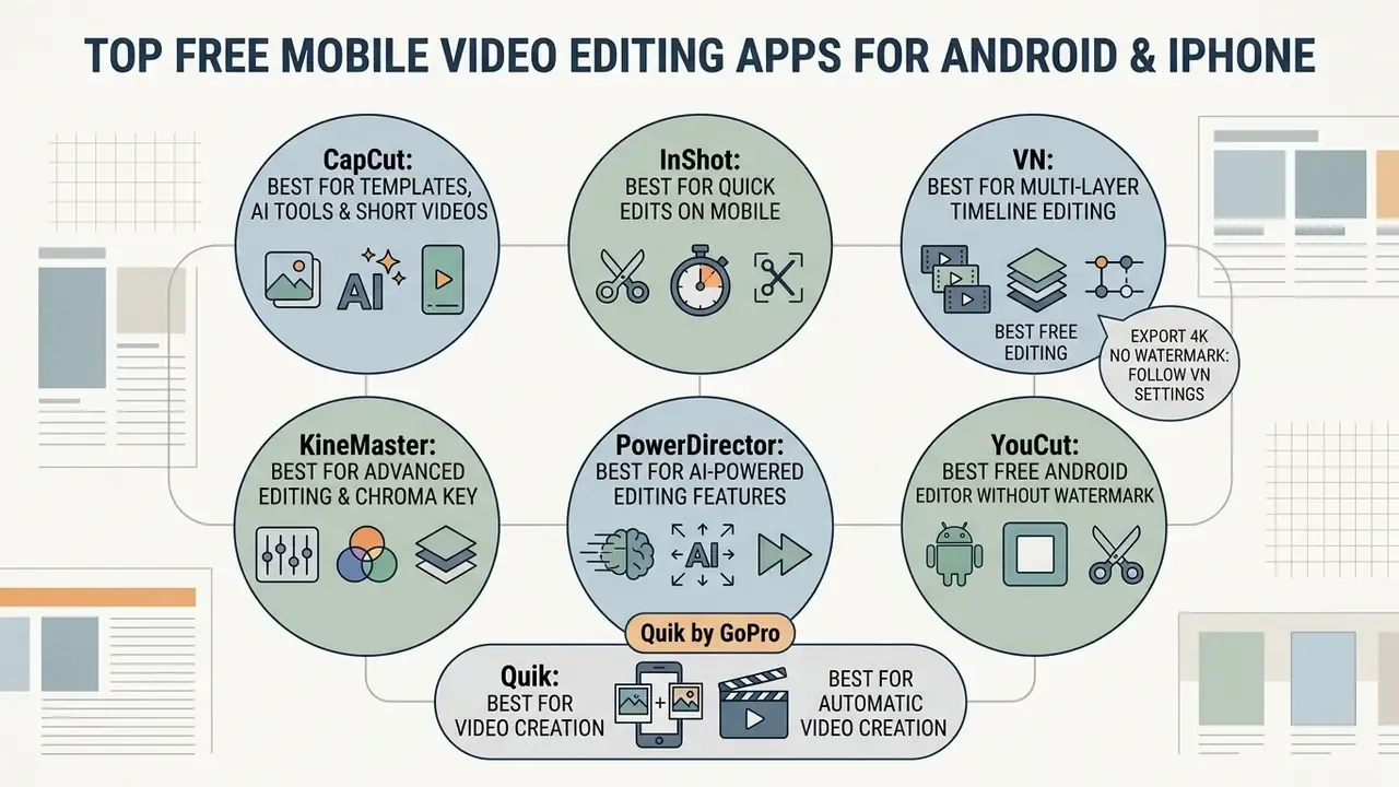 Circular icons highlighting key features of popular free mobile video editing apps for 2025