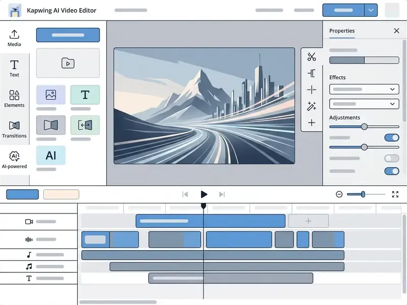 Video editing workspace with a central preview canvas, side toolbars, and a multi-track timeline below