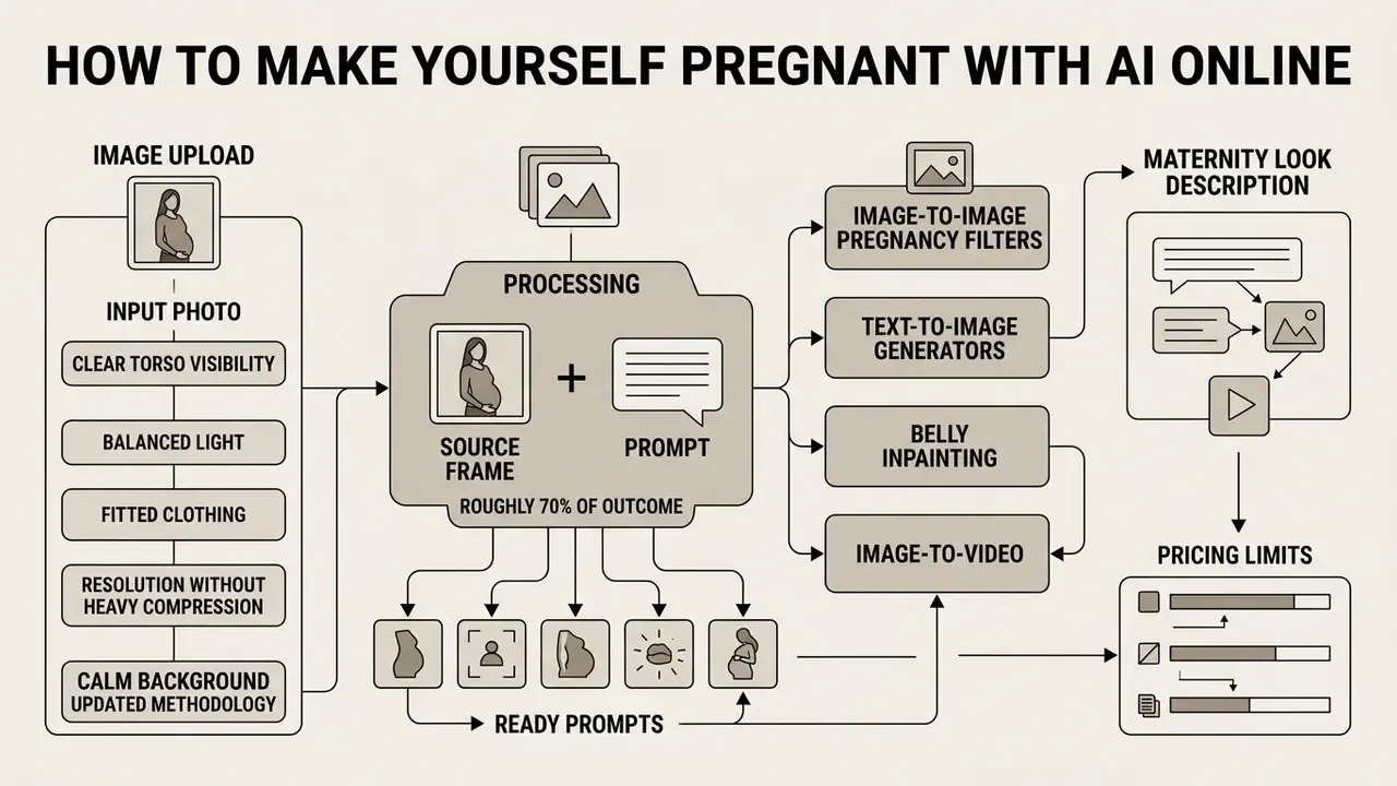 Diagram detailing photo requirements and processing steps for generating maternity looks with digital tools