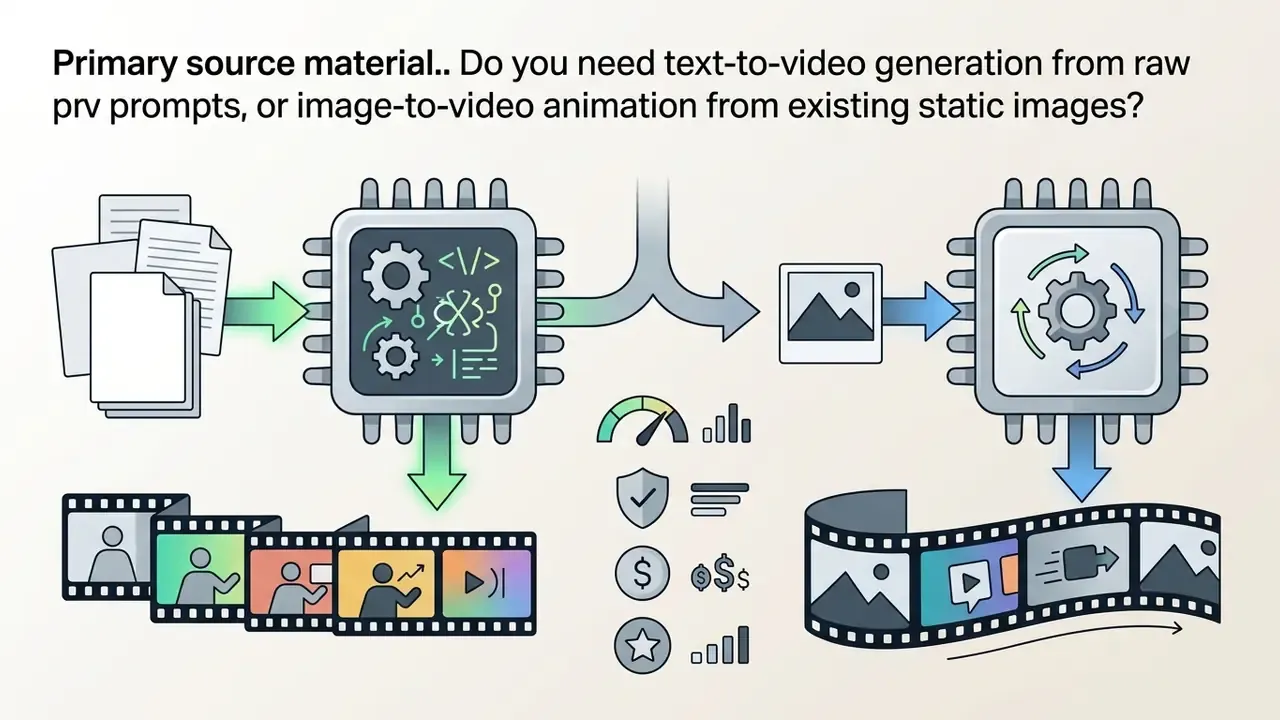 Process flow showing text prompts and static images being converted into video by AI processor chips