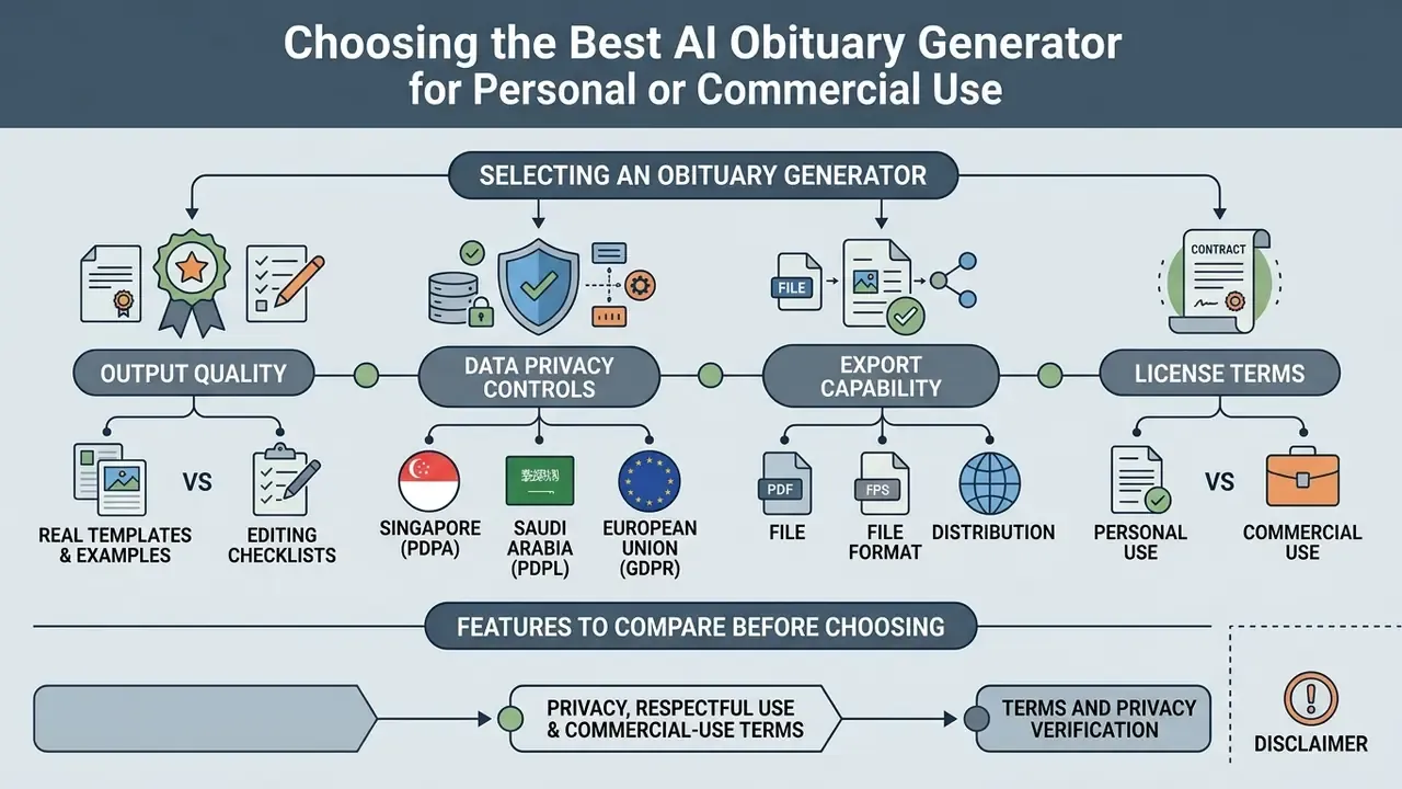 Decision tree outlining four key criteria for evaluating digital memorial writing platforms