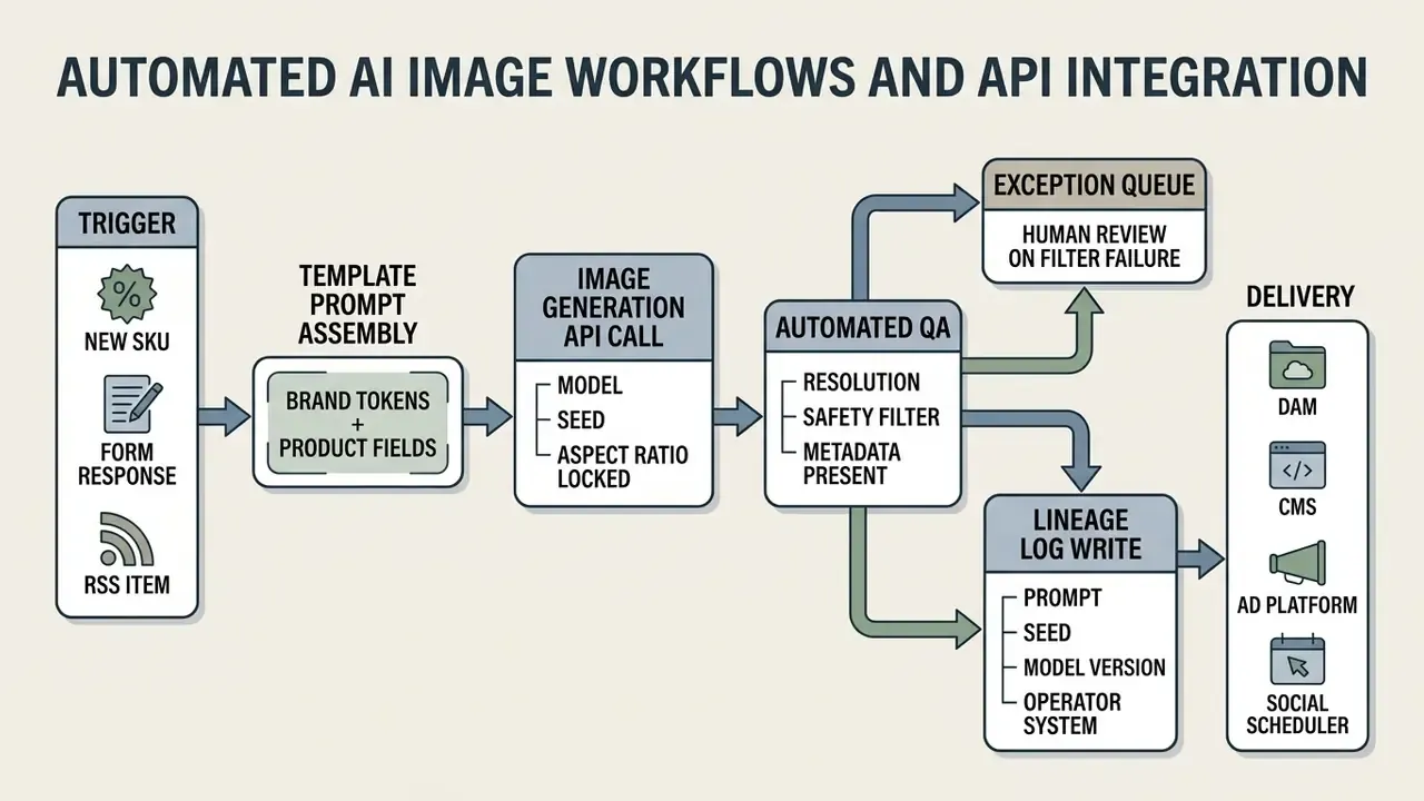 Sequence diagram showing automated image generation from trigger to delivery with quality assurance steps