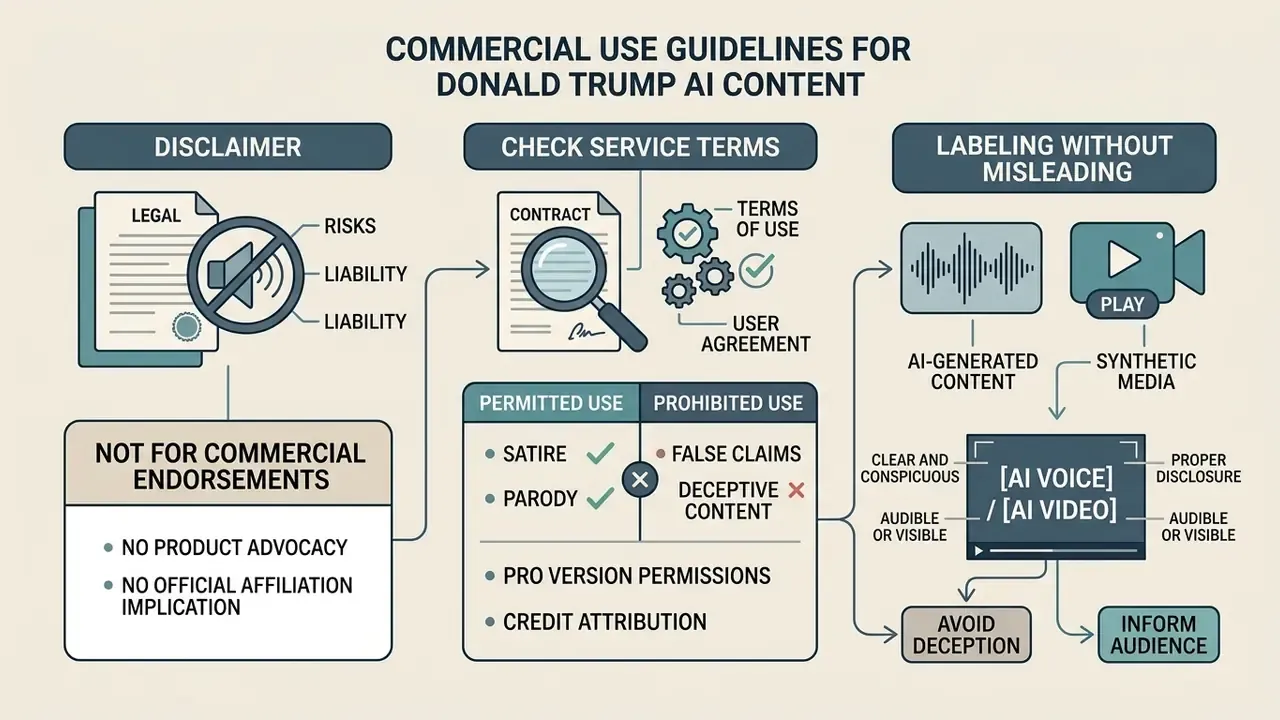 Three-step guide covering legal disclaimers, service terms, and labeling requirements for synthetic media