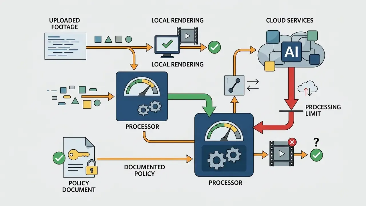 Workflow showing data processing paths between local rendering, cloud AI services, and policy documents