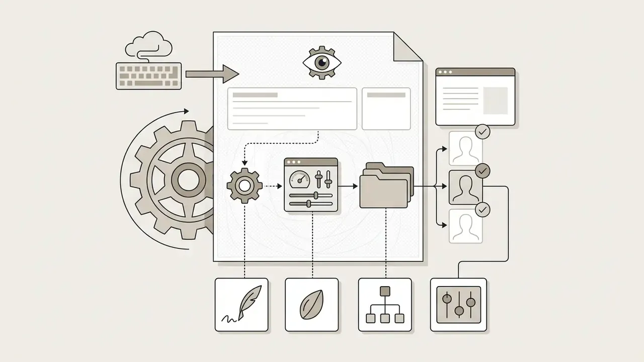 Keyboard input and gear icons processing metadata into a document that generates tracked user avatars