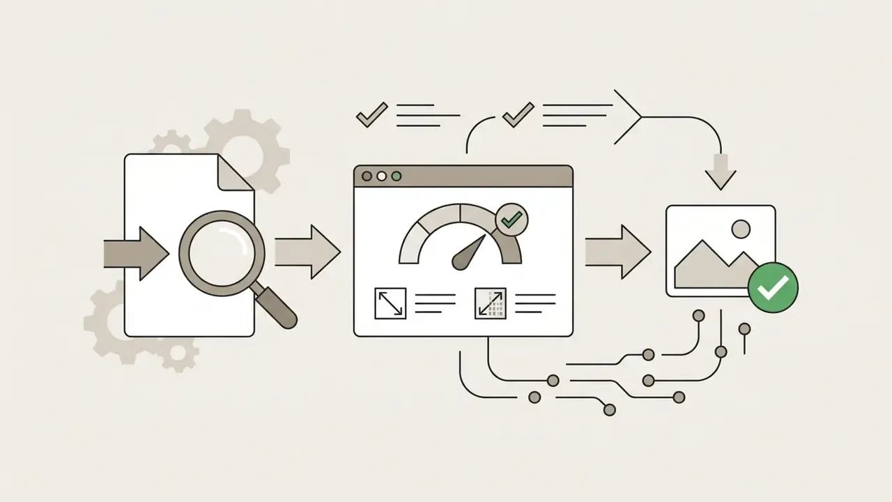 Magnifying glass examining a document file before processing settings and exporting a final image
