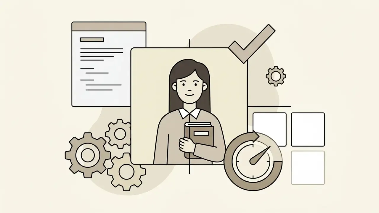 Flat illustration of a teacher holding a book surrounded by gears, a document, and a speedometer icon
