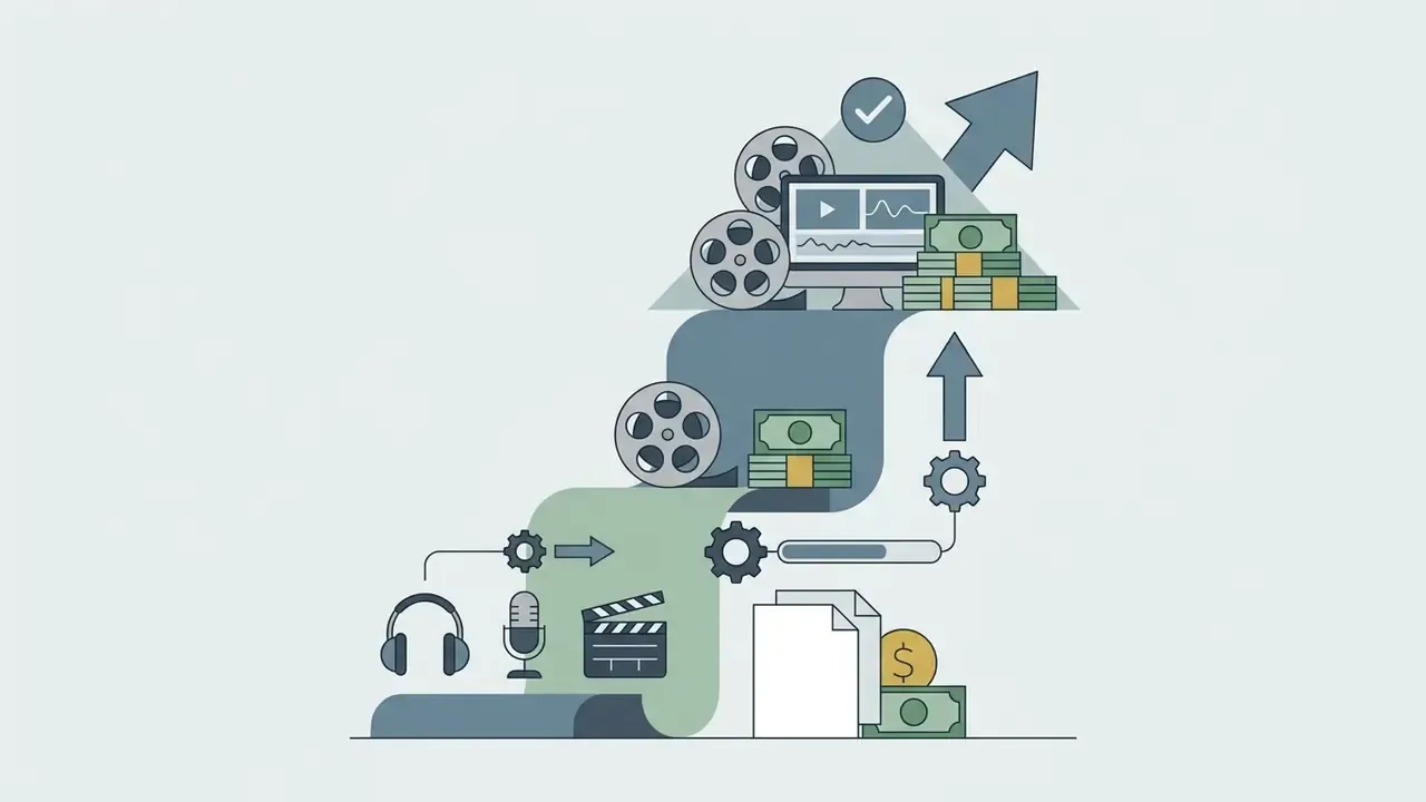 Staircase graphic with film reels, audio gear, and money stacks representing professional career growth