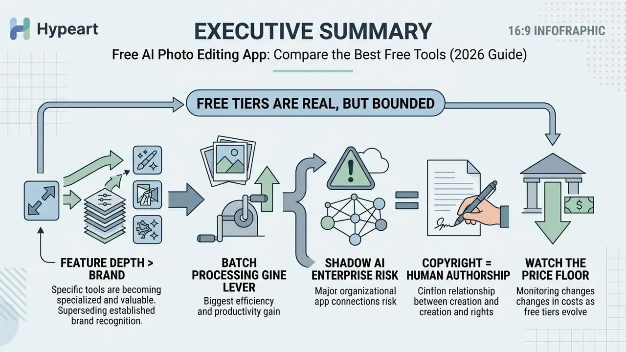 Infographic showing key considerations for using a free AI photo editing app like batch processing and risk