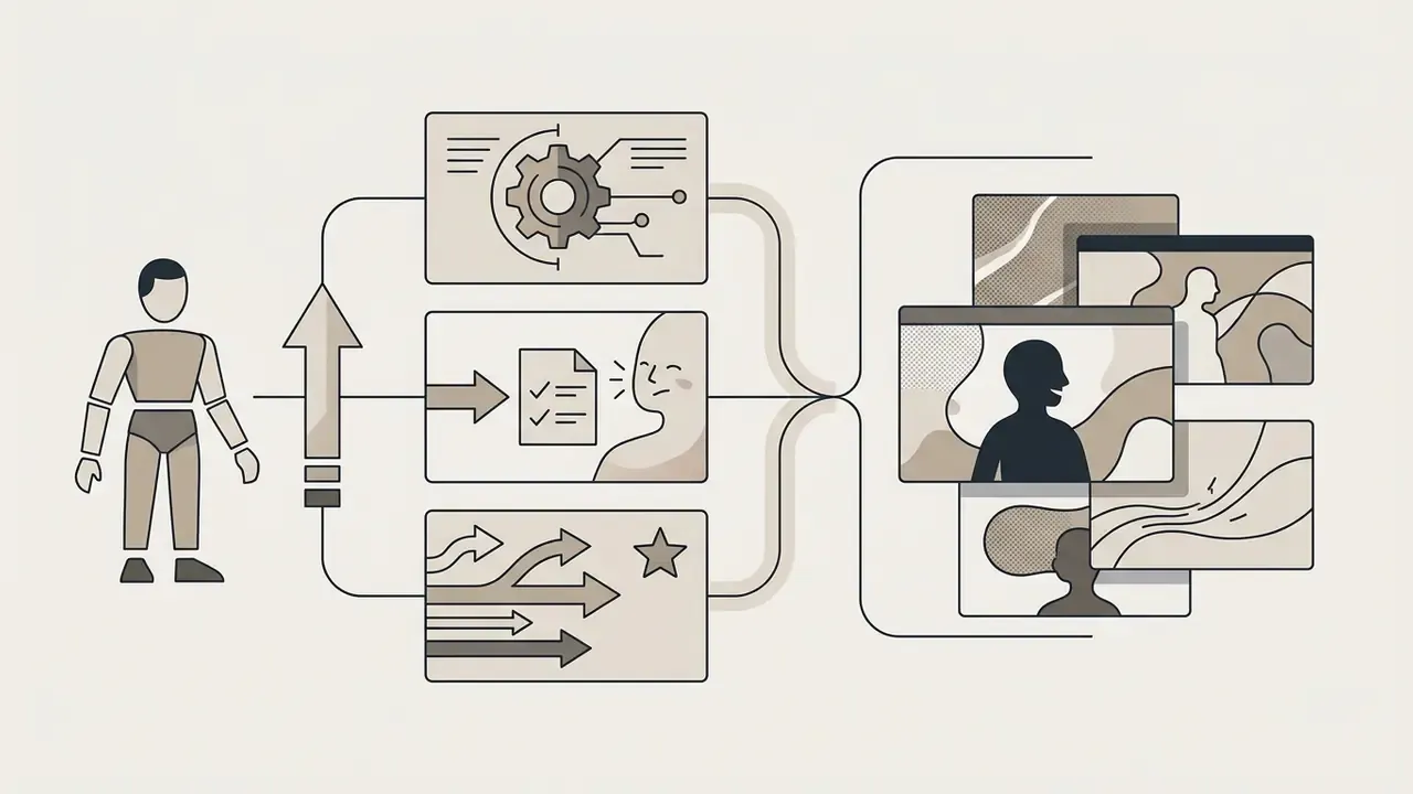 Humanoid figure connecting to processing modules that generate varied animated character video frames