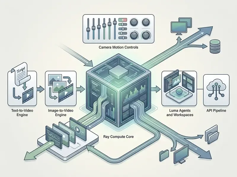 Architectural diagram showing data flow from input engines through a central Ray compute core to outputs