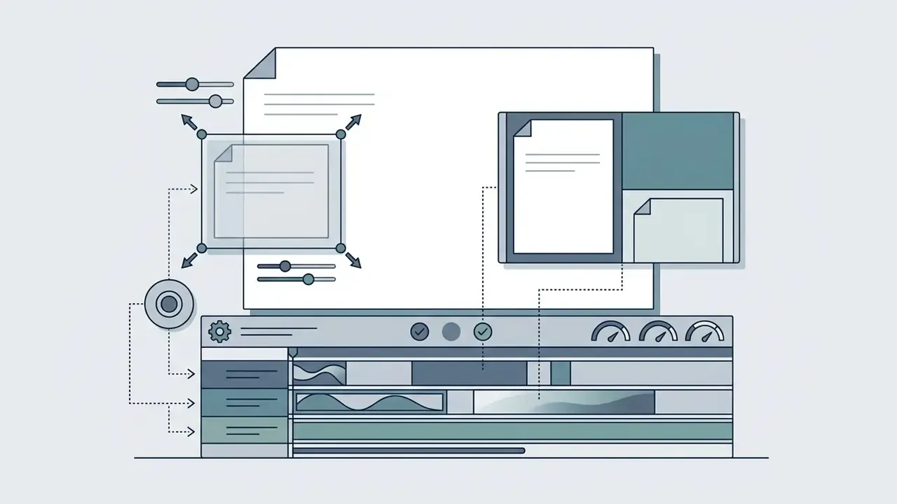Resizable video layers stacked on a timeline with opacity sliders and split screen layout controls