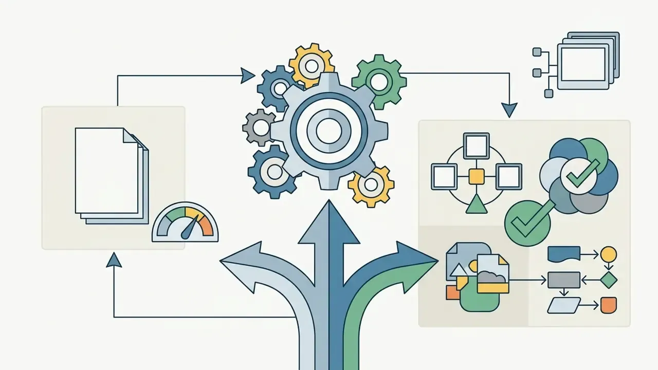 Central gear mechanism connecting document processing and collaborative team workflow icons