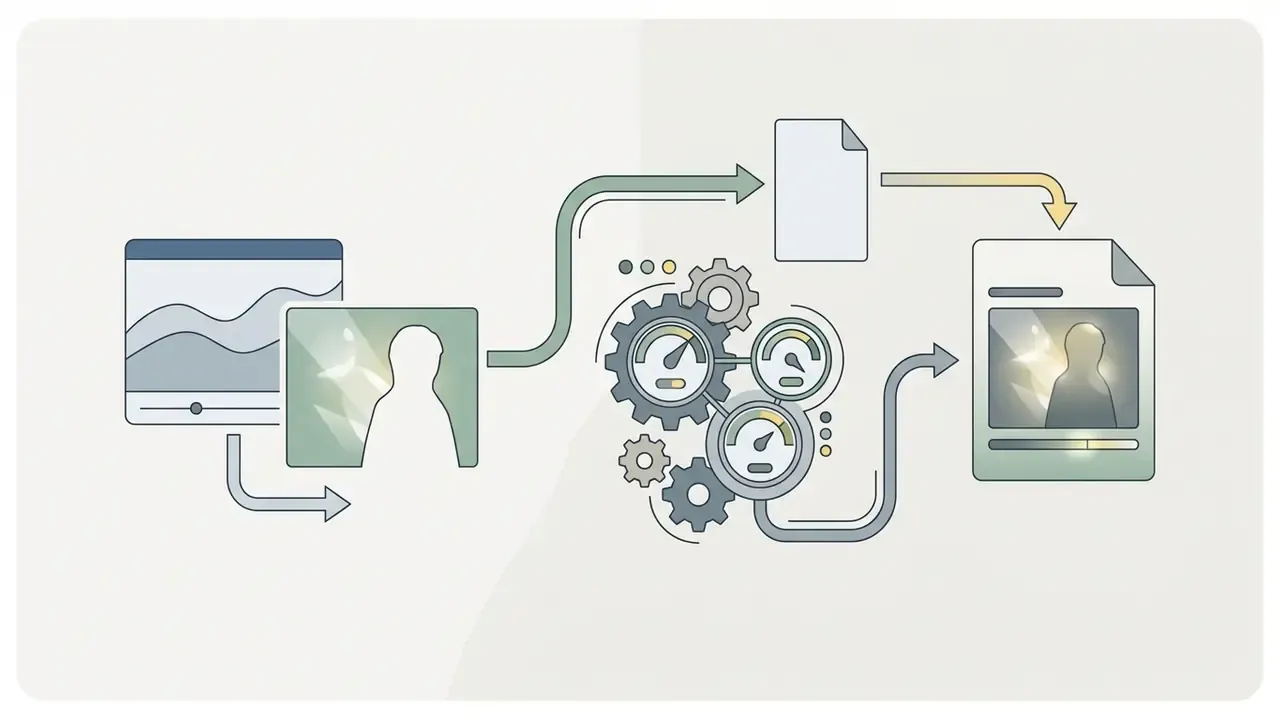 Workflow showing video subject extraction processed through gears into a matte file for relighting
