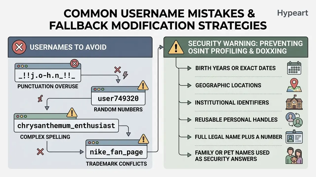 Diagram comparing problematic username patterns with security risks related to personal data exposure