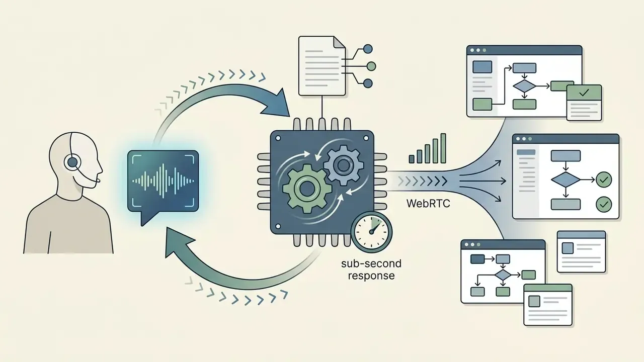 User interacting with a central processing unit that uses WebRTC for real-time conversational responses