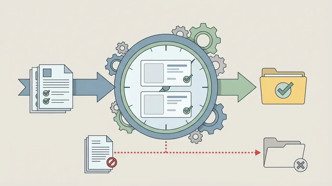 Clock mechanism processing license documents into approved folders or rejected file archives