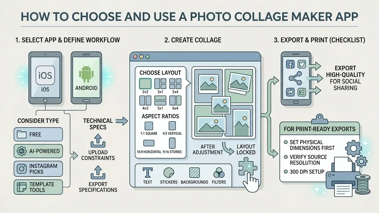 Three-step process for selecting, creating, and exporting designs using a photo collage maker app