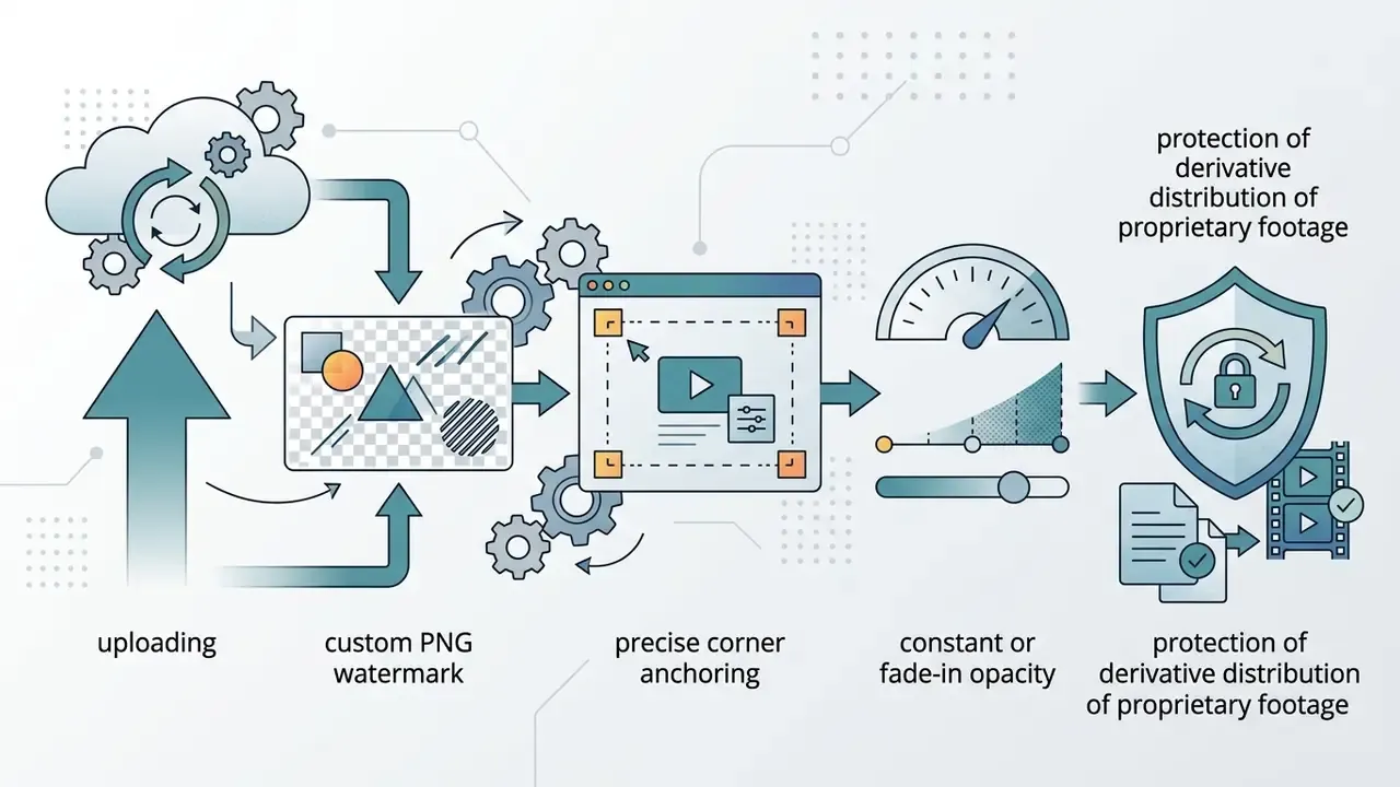 Workflow showing cloud upload of a transparent logo for corner positioning and opacity adjustment to protect footage