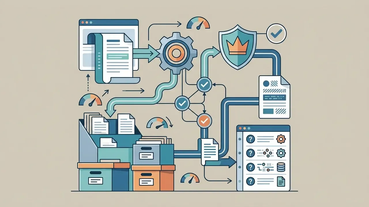 System of documents and gears flowing toward a shield icon and a checklist of audit questions