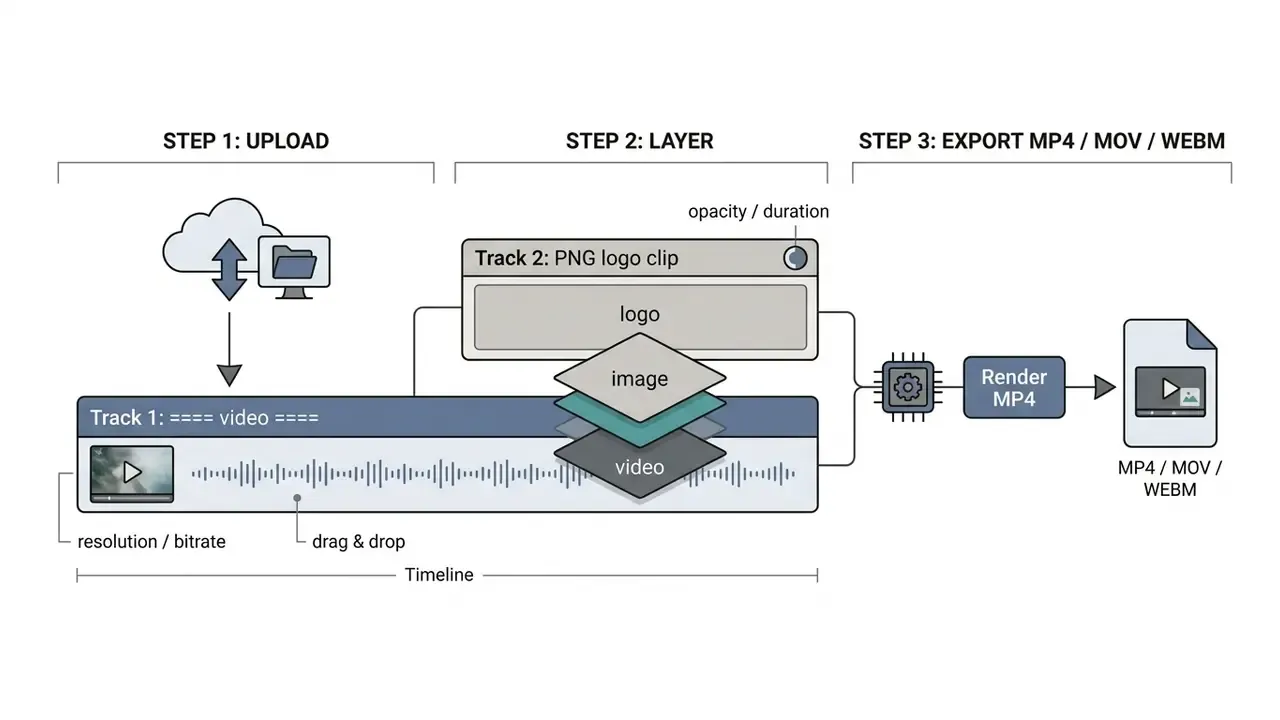 Diagram showing the process to upload, layer an image onto a video timeline, and export the final file