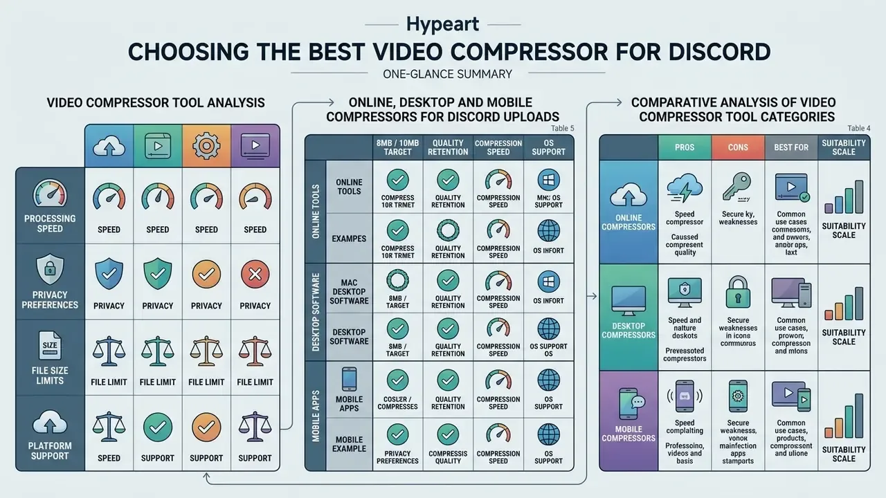 Summary infographic comparing features, performance, and pros and cons of various video compressor tools
