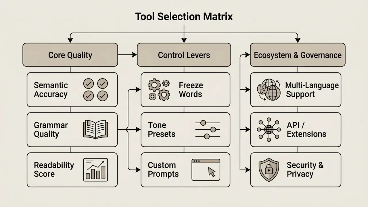 Matrix diagram categorizing tool selection criteria into core quality, control levers, and ecosystem