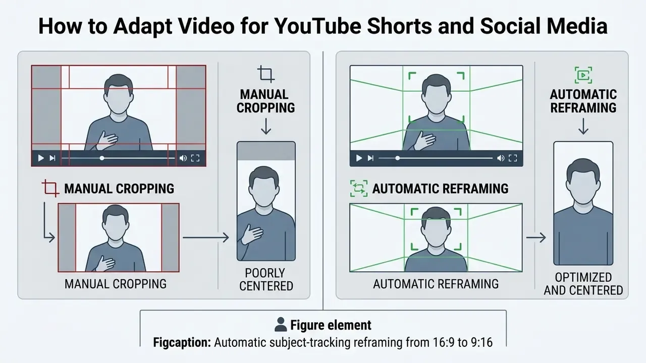 Comparison between manual cropping and automatic subject-tracking reframing from 16:9 to 9:16 aspect ratios