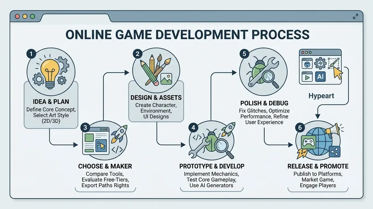 Six-step flowchart illustrating the sequential stages of building and launching a digital game