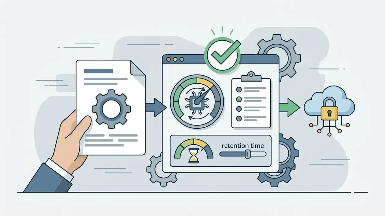 Hand holding a document moving toward a dashboard with data retention settings and cloud security icons