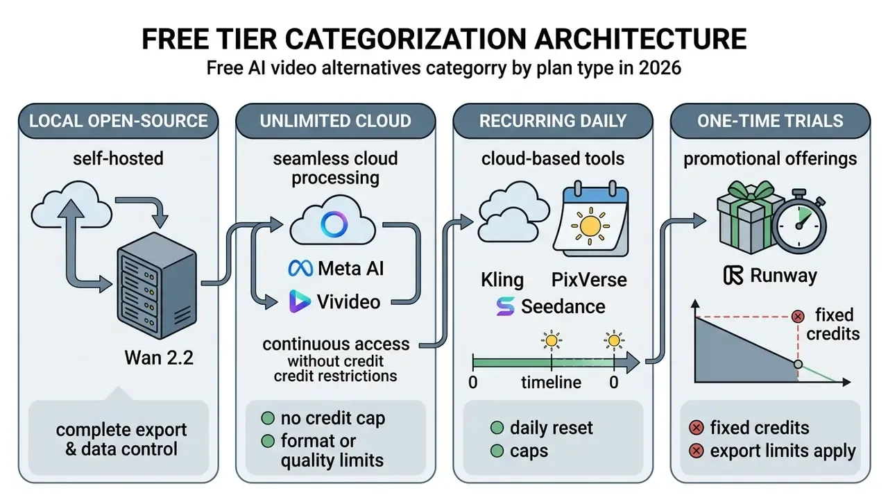 Flowchart categorizing no-watermark AI video alternatives by local, unlimited, daily, and trial plan types