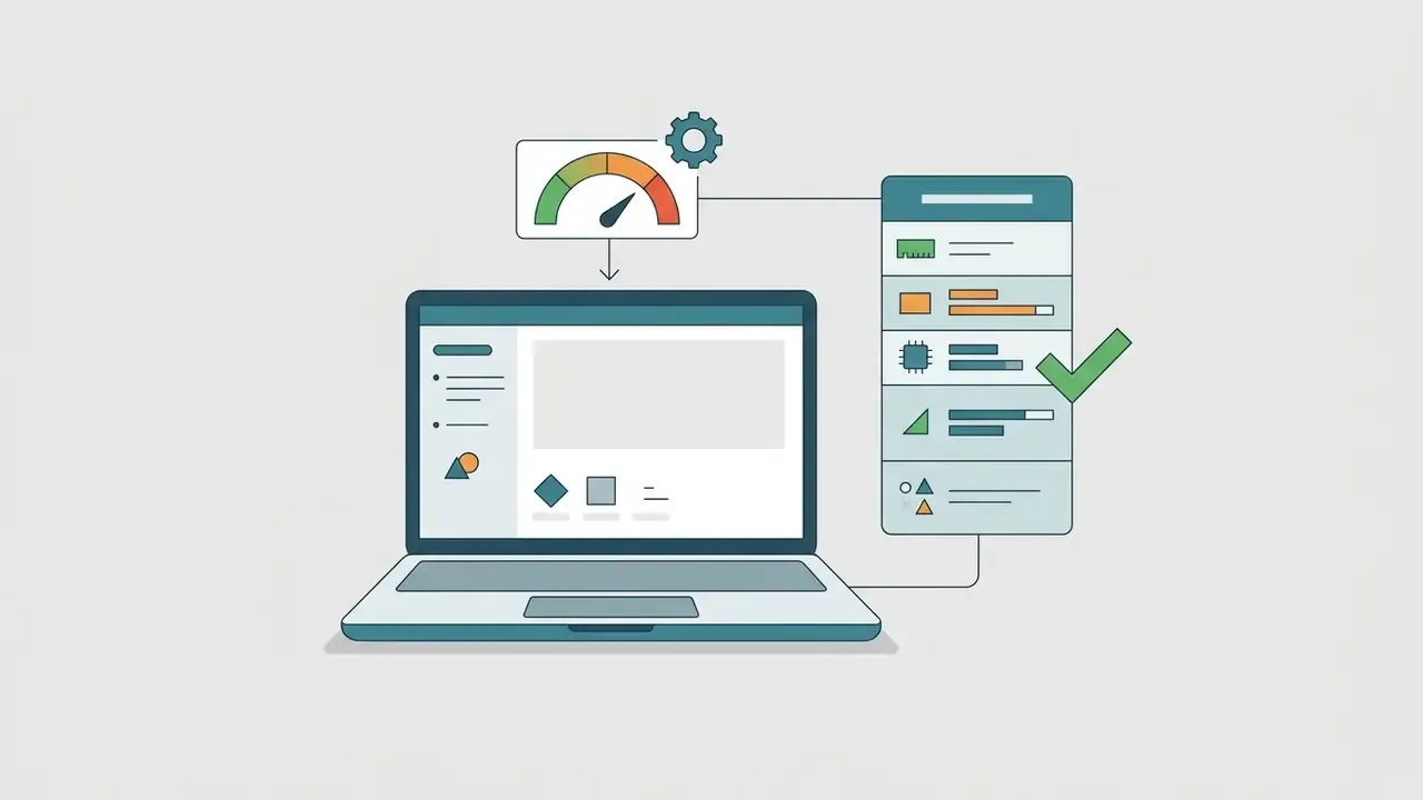 Laptop connected to a system performance gauge and a hardware requirements checklist with a green checkmark