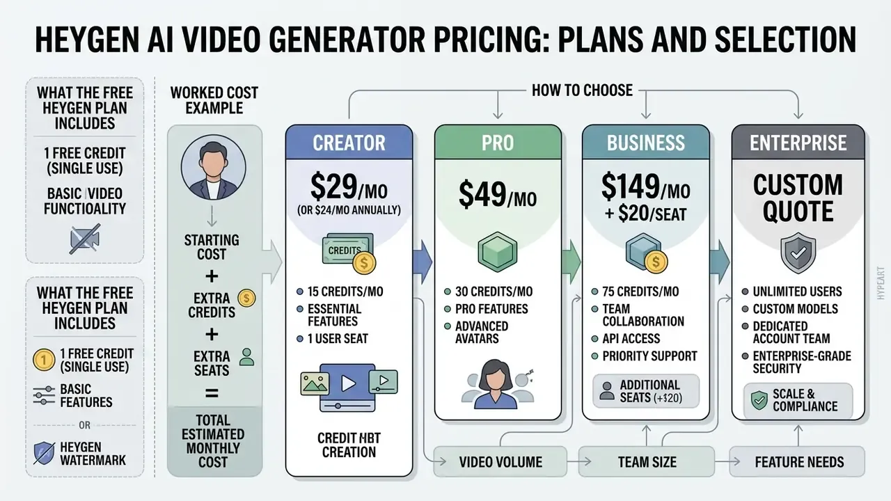 Summary of HeyGen AI avatar video generator pricing tiers including free, creator, pro, business, and enterprise
