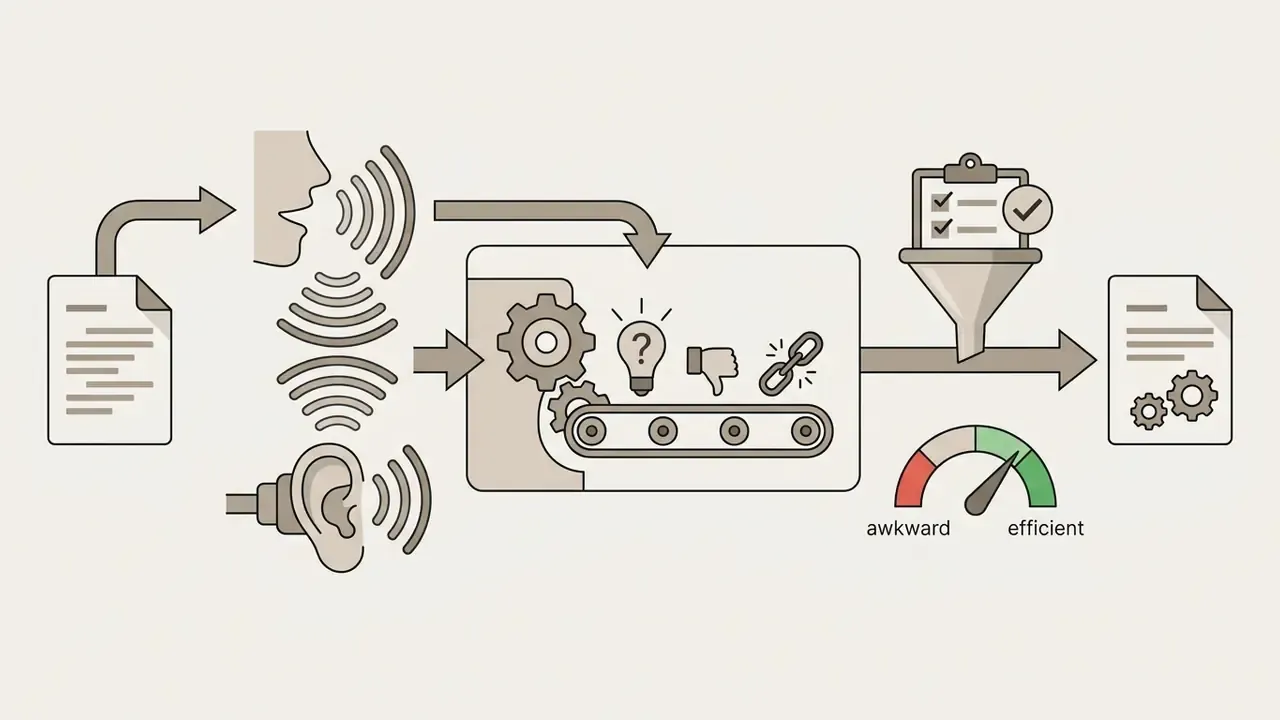 Text document processed through speech and hearing icons into a mechanical conveyor belt and gauge