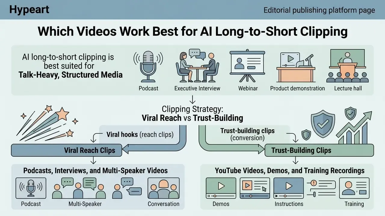 Summary of video types for long to short video AI clipping strategies focusing on reach versus trust