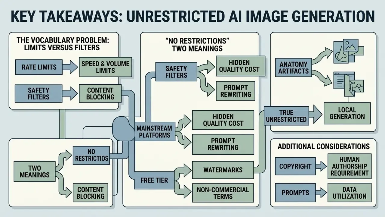 Flowchart outlining the complexities of ai image generator no restrictions including filters and platform costs