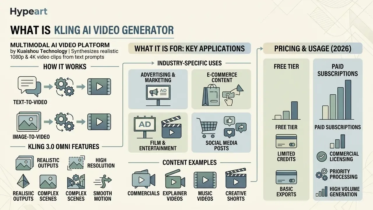 Infographic summarizing Kling AI video generator features, industry applications, and subscription tiers
