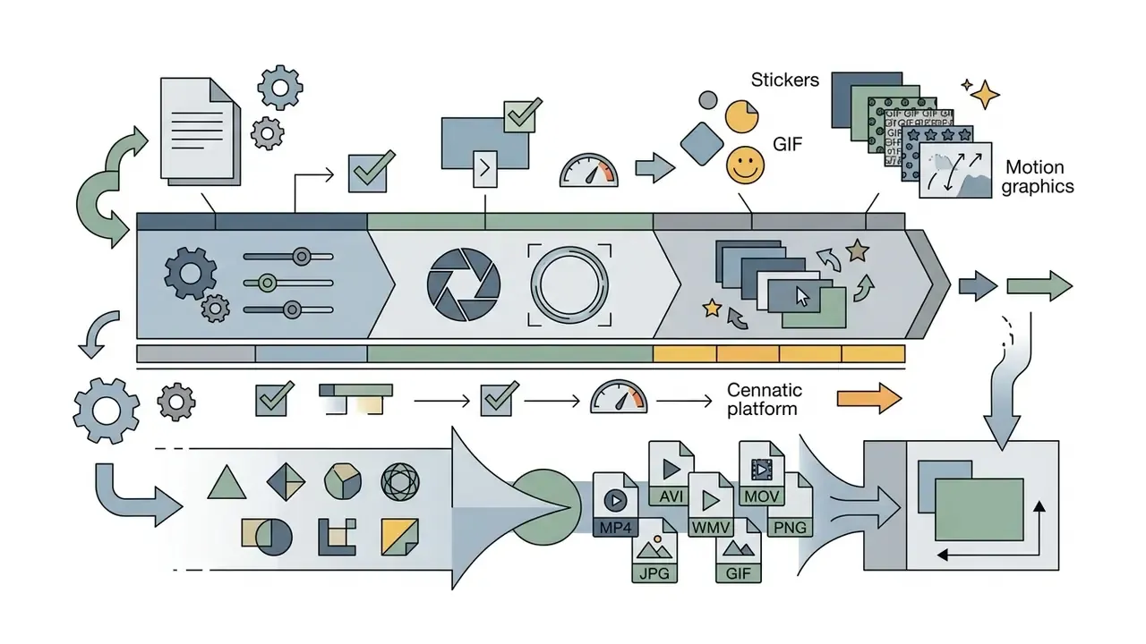 Various media files and graphic elements being processed through a multi-stage digital editing pipeline